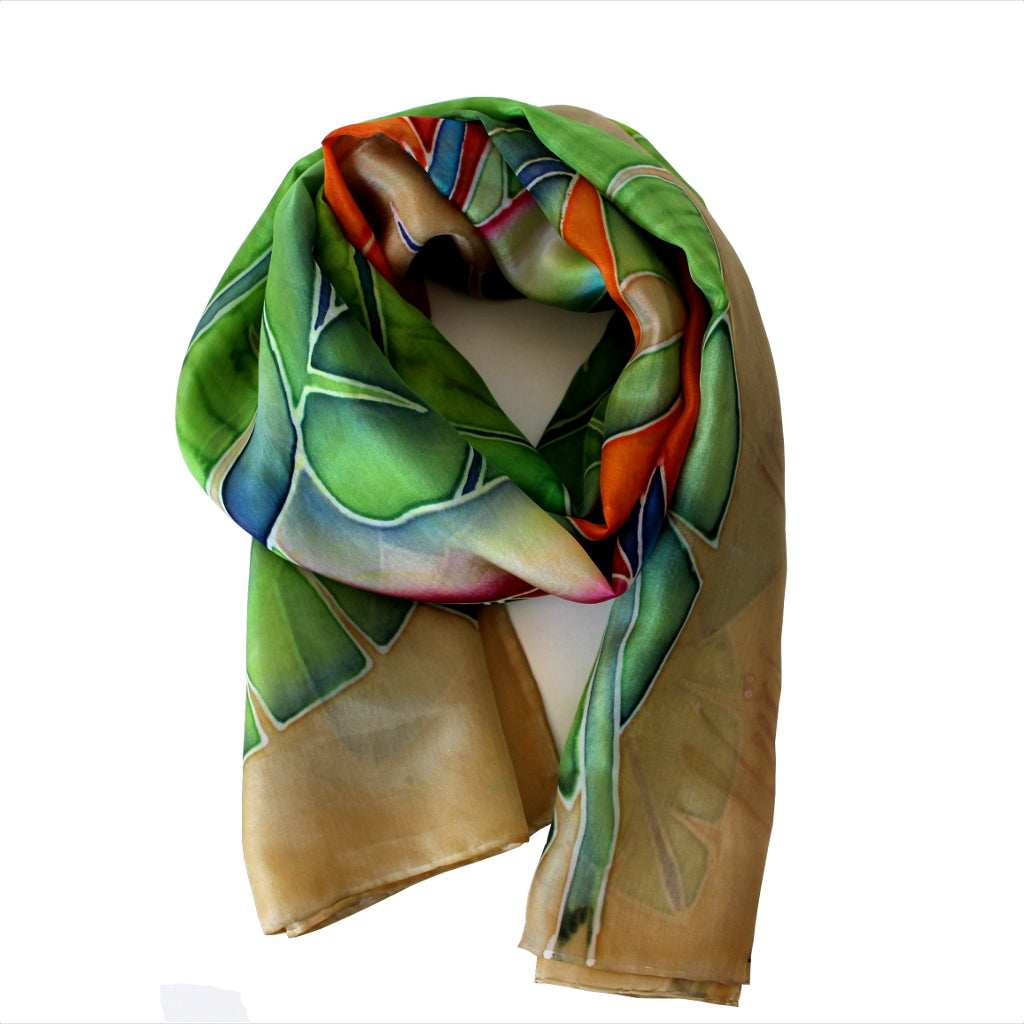 Hand-painted natural silk scarf, “FLOR DEL PARAÍSO” model