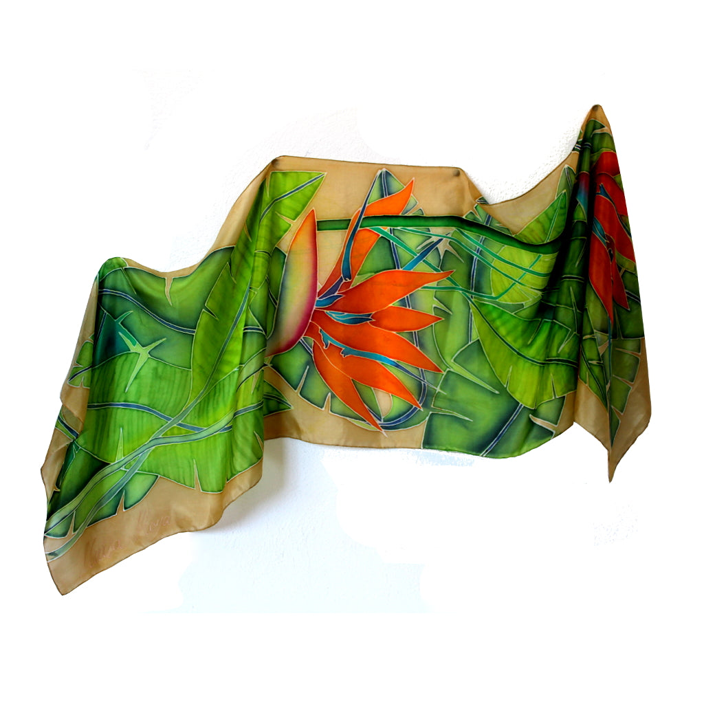 Hand-painted natural silk scarf, “FLOR DEL PARAÍSO” model