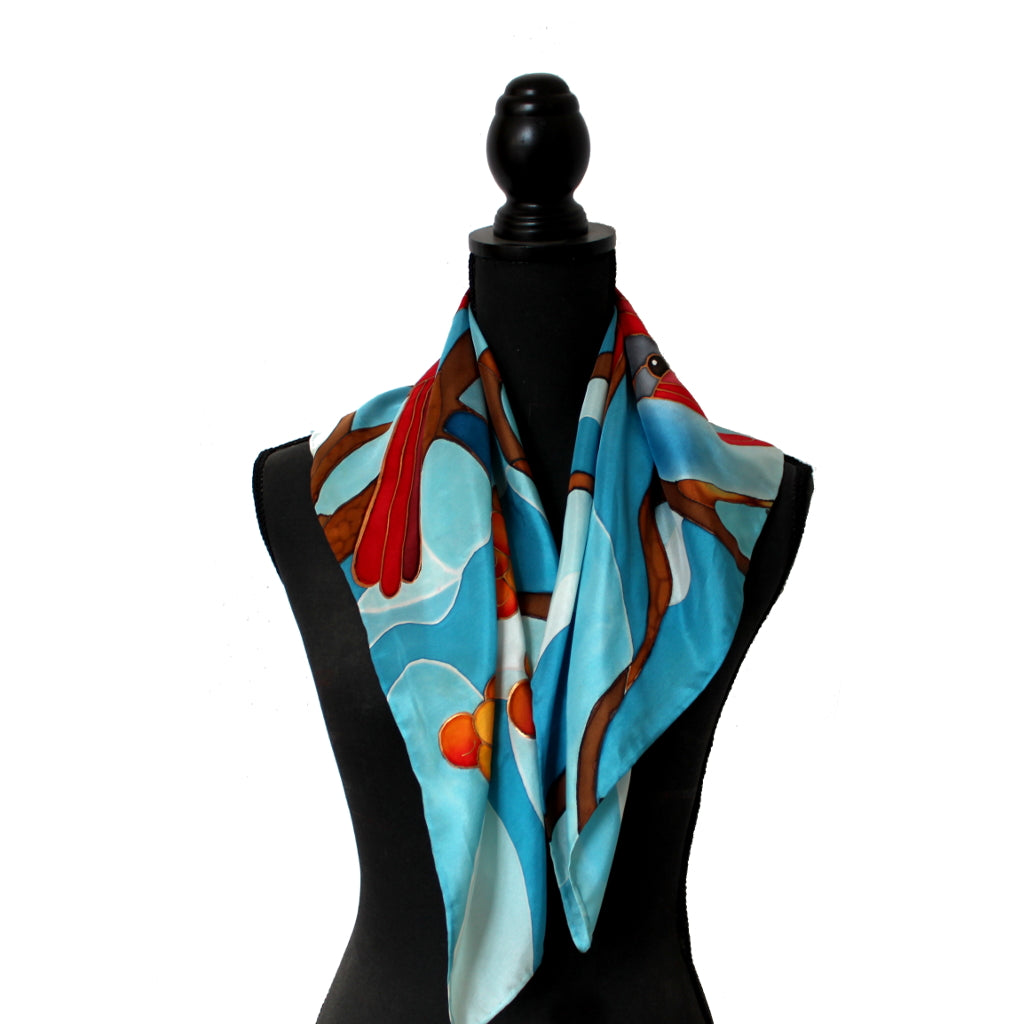 Hand-painted natural silk scarf, “TWO BIRDS” model