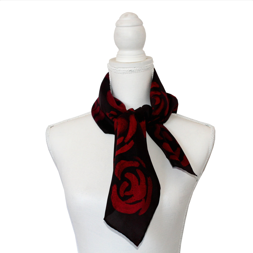 Hand-painted natural silk scarf, “RED ROSES” model